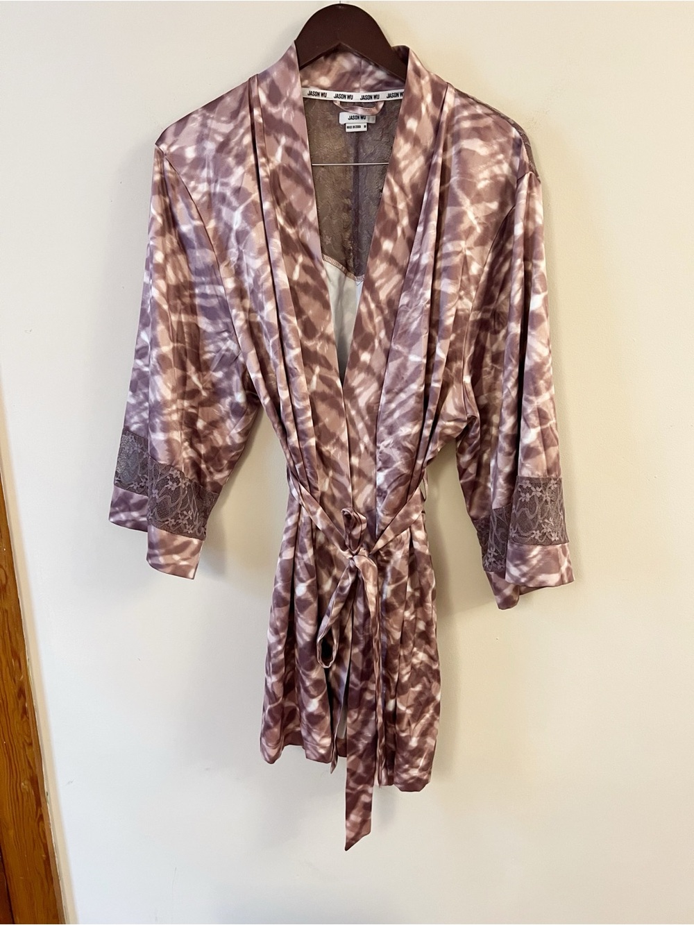 Jason Wu Mauve Pink and White Tie Dye Lace Cut Out Satin Robe Size Medium